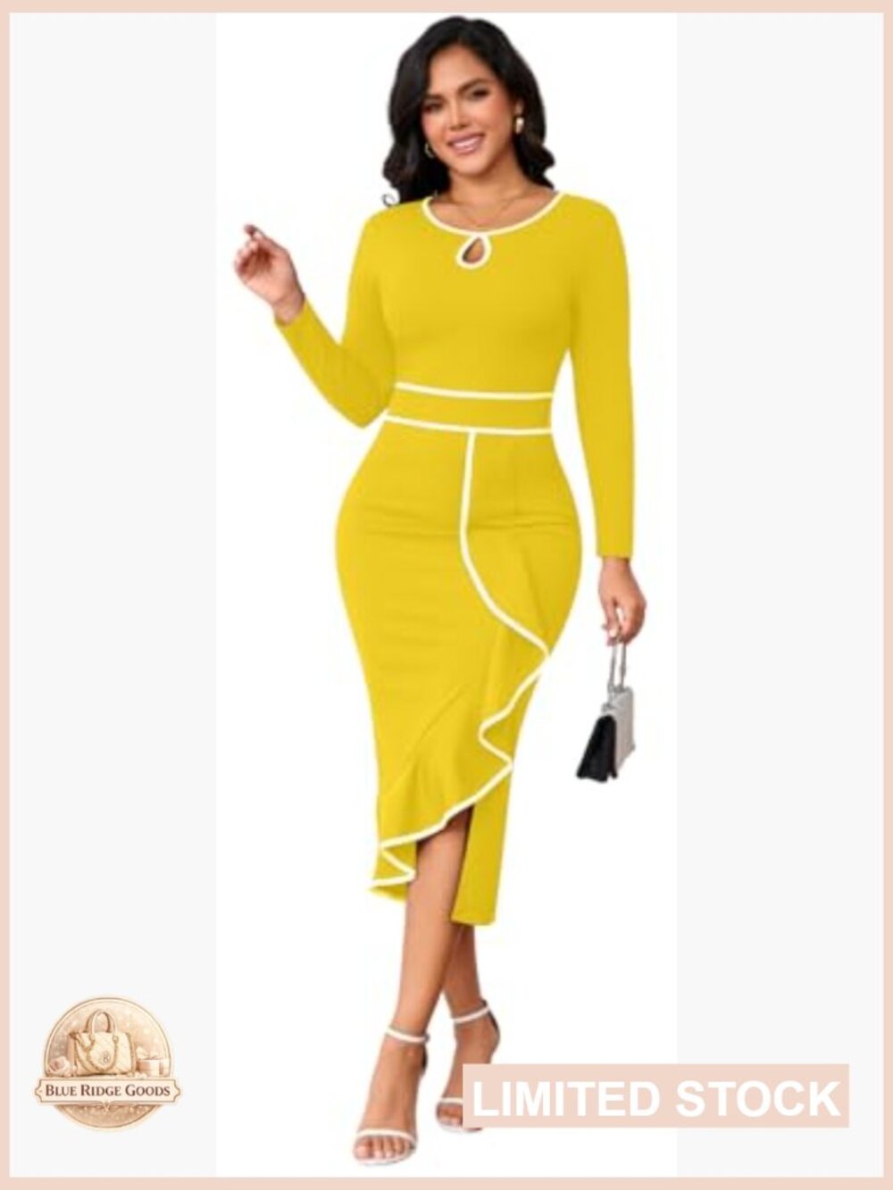 Long Sleeve Bodycon Midi Dress Ruffle Side Split Work Party Evening - Picture 5 of 5